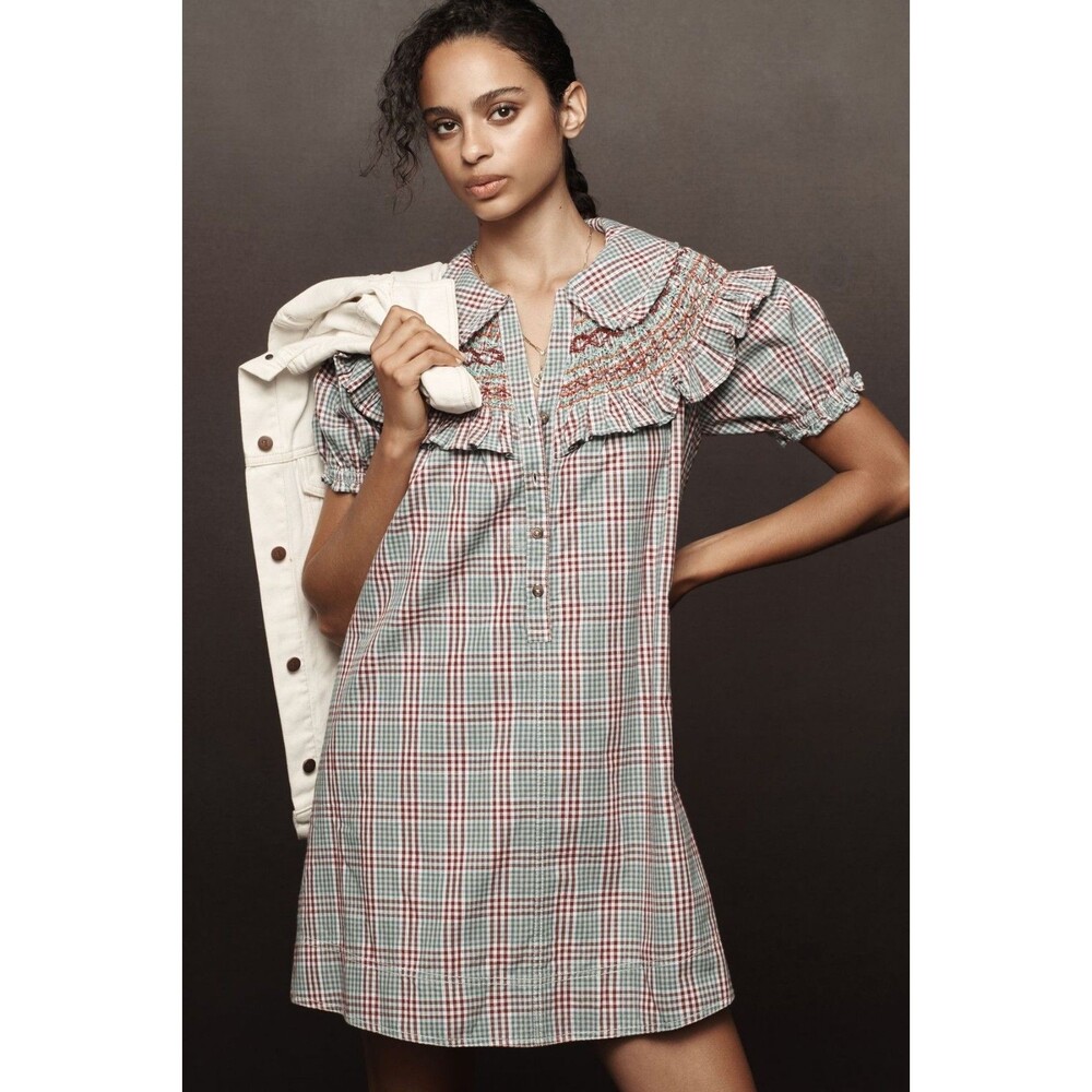 Anthropologie Pilcro Smocked Babydoll Mini Dress Check Peter Pan Collar LP NEW